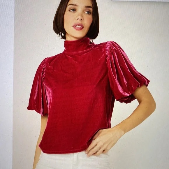 Free People Claudia Red Puff Sleeve Mock Neck Crushed Velvet Top